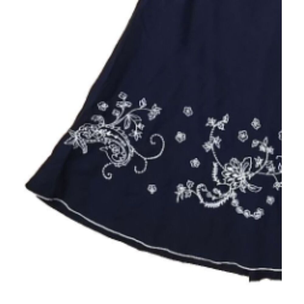 Vintage Linen Blend Floral Skirt Sz 14P Blue A Line Embroidered Cottage Feminine